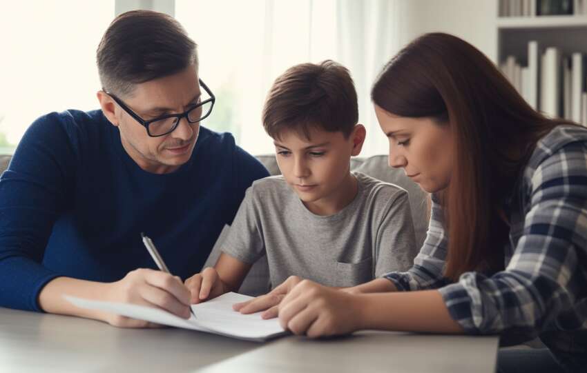 Parents doing homework for their child. Helicopter Parents