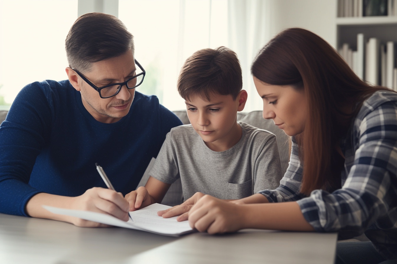 Parents doing homework for their child. Helicopter Parents