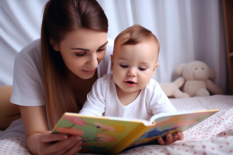 mother reading book to her baby, Get your baby to talk earlier